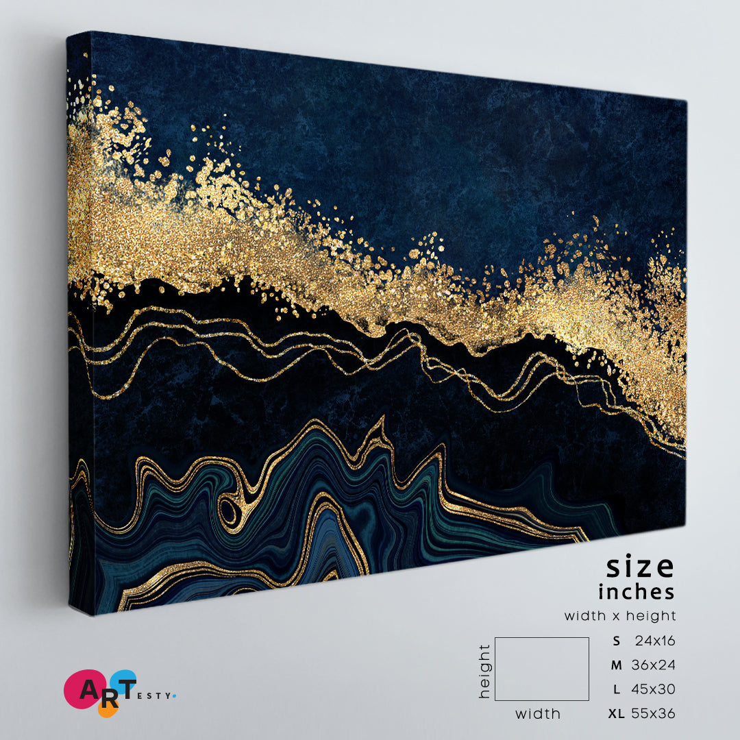 Abstract Dark Blue with Golden Effect Marble Artistic Design Giclée Print Contemporary Art Artesty 1 panel 24" x 16" 