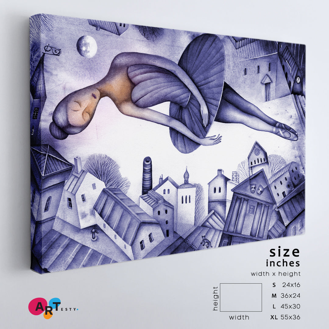 FANTASY Beautiful Ballerina Soars in a Dream Above the City, Cubist Style Canvas Print Cubist Trendy Large Art Print Artesty 1 panel 24" x 16" 