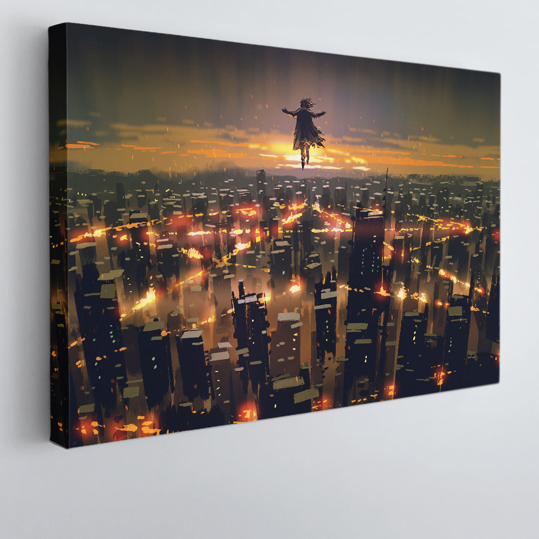 Man Floating Sky Over City Fantasy Surreal Painting Surreal Fantasy Large Art Print Décor Artesty 1 panel 24" x 16" 