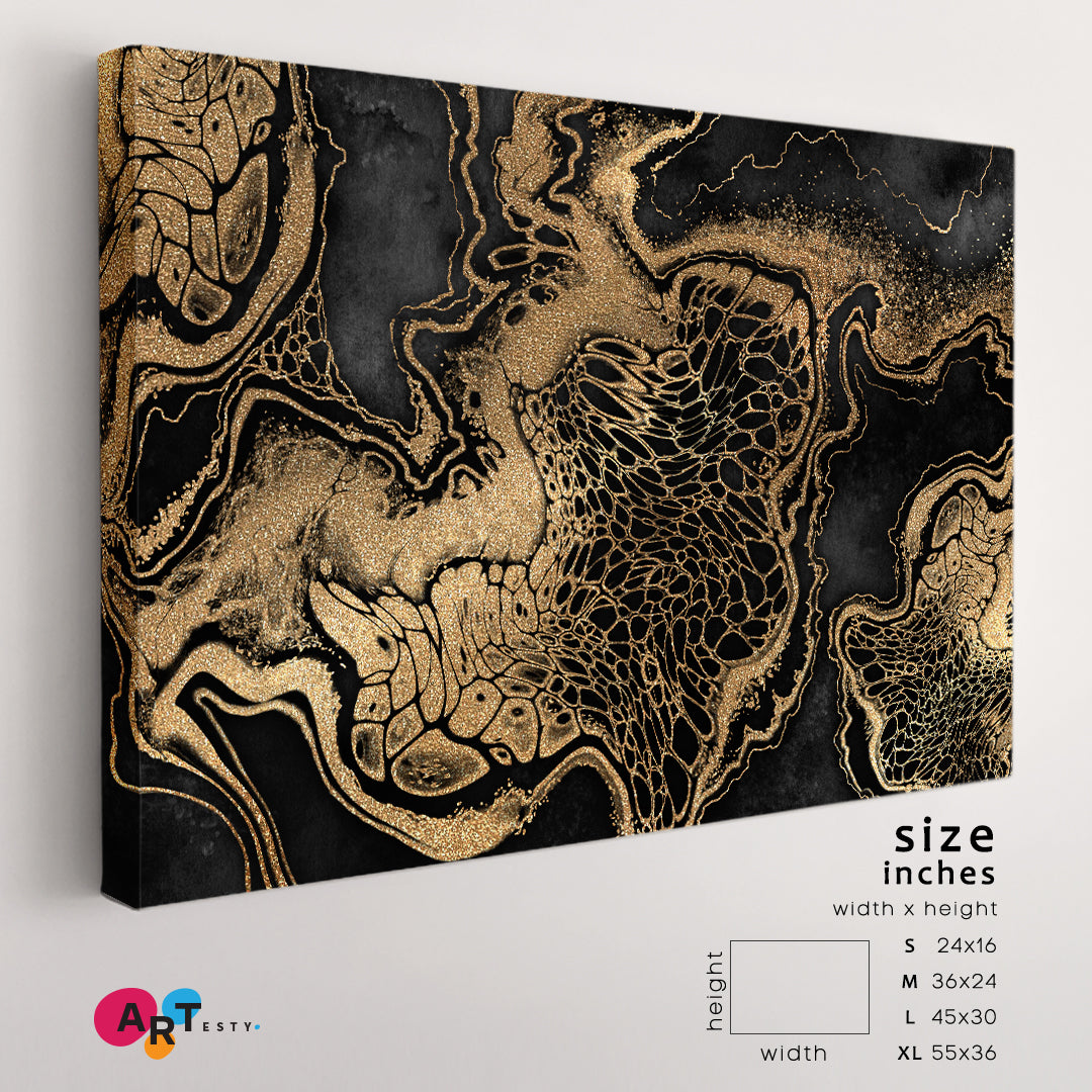 Luxury Black And Gold Abstract Marble With Veins Giclée Print Fluid Art, Oriental Marbling Canvas Print Artesty   