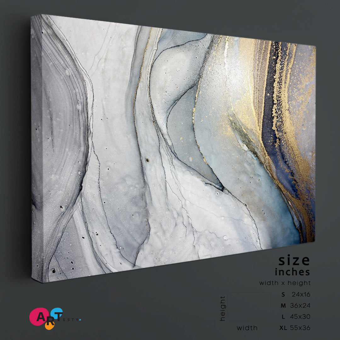 MARBLE FLOW Abstract Blue Light Grey Veins Fluid Art, Oriental Marbling Canvas Print Artesty 1 panel 24" x 16" 