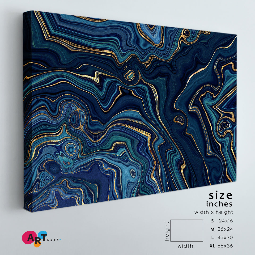 Blue Agate Golden Glitter Effect Fake Marble Stone Artistic Pattern Fluid Art, Oriental Marbling Canvas Print Artesty 1 panel 24" x 16" 