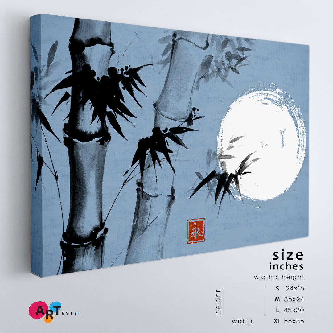 ZEN ETERNITY Bamboo Moon Traditional Japanese Sumi-e Ink Blue Asian Style Canvas Print Wall Art Artesty   