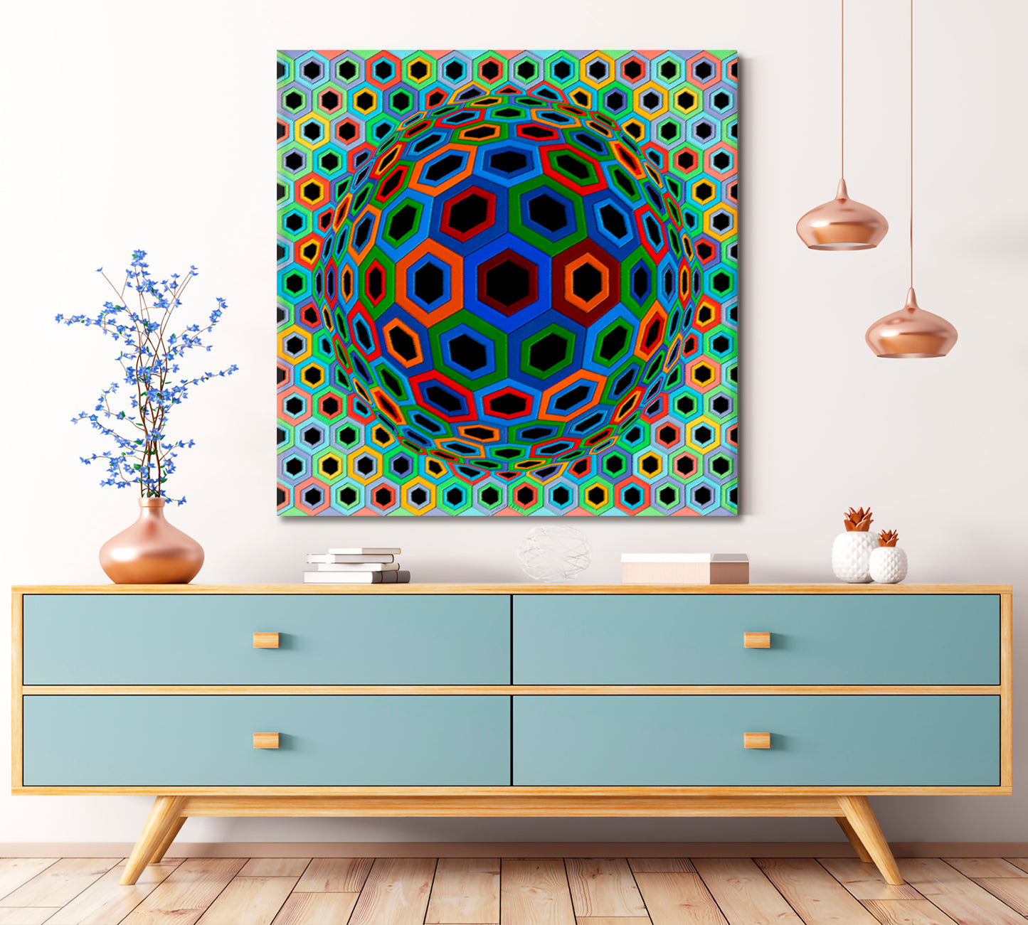 CIRCLE & HEXAGONS Vivid Geometric Figures Trippy Psychedelic Op Art Abstract Art Print Artesty   