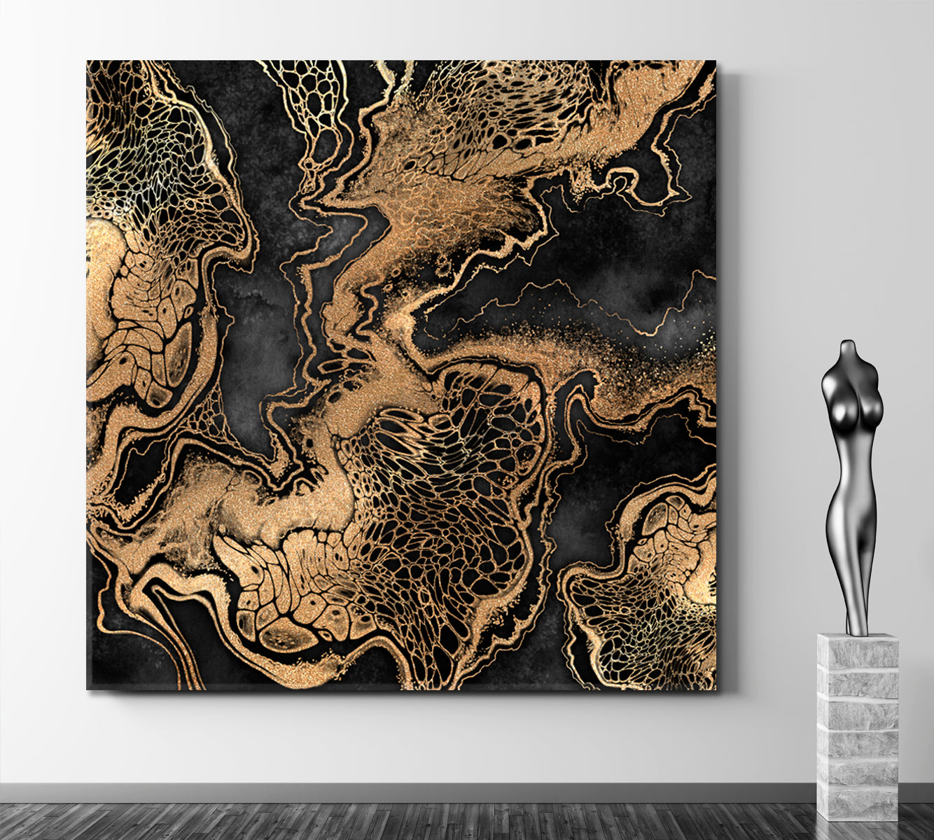 BLACK WITH GOLD EFFECT Marble Swirls Luxury Pattern Trendy Canvas Print - Square Abstract Art Print Artesty   