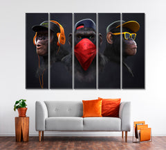 Three Wise Monkeys See No Evil Hear No Evil Speaks no Evil Animals Canvas Print Artesty 5 panels 36" x 24" 