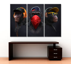 Three Wise Monkeys See No Evil Hear No Evil Speaks no Evil Animals Canvas Print Artesty 3 panels 36" x 24" 