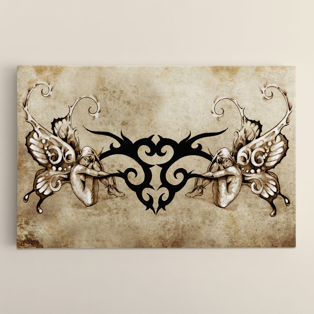 TRIBAL WITH TWO NYMPHS Angels on Vintage Background Vintage Affordable Canvas Print Artesty 1 panel 24" x 16" 