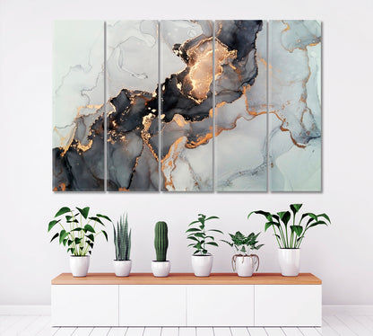 Luxury Abstract Fluid Art Alcohol Ink Technique Black Gold Effect Canvas Print Fluid Art, Oriental Marbling Canvas Print Artesty 5 panels 36" x 24" 