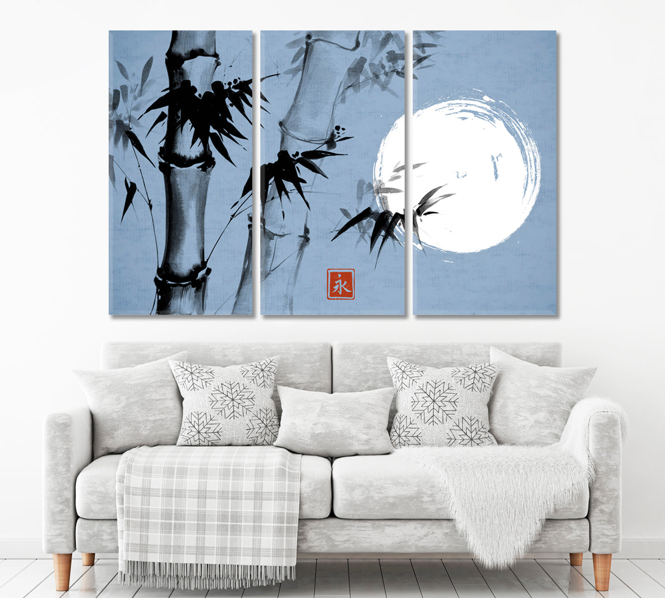 ETERNITY Sumi-e Hieroglyph Bamboo Moon Traditional Japanese Ink Canvas Print Blue Color Asian Style Canvas Print Wall Art Artesty 3 panels 36" x 24" 
