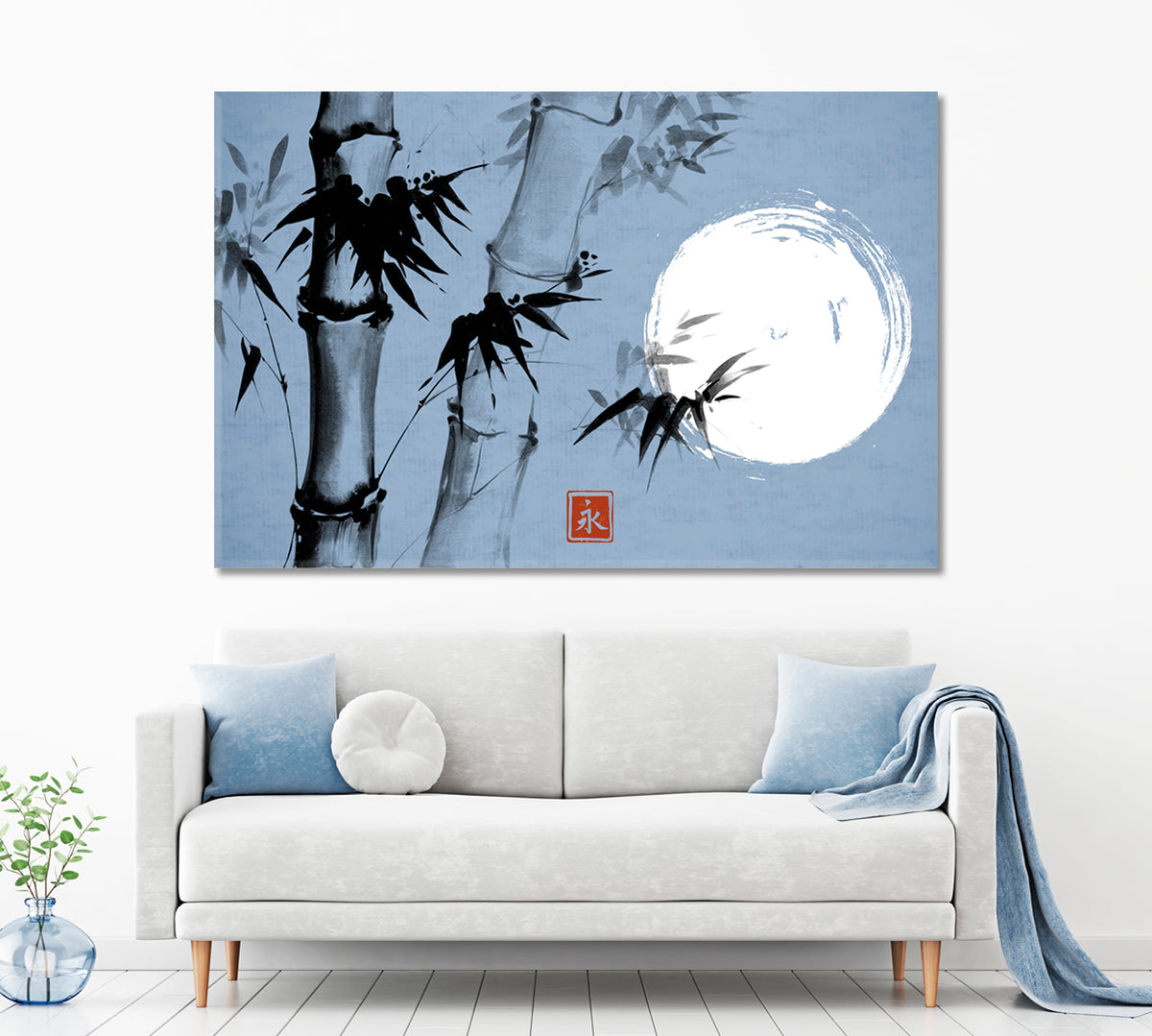 ETERNITY Sumi-e Hieroglyph Bamboo Moon Traditional Japanese Ink Canvas Print Blue Color Asian Style Canvas Print Wall Art Artesty 1 panel 24" x 16" 