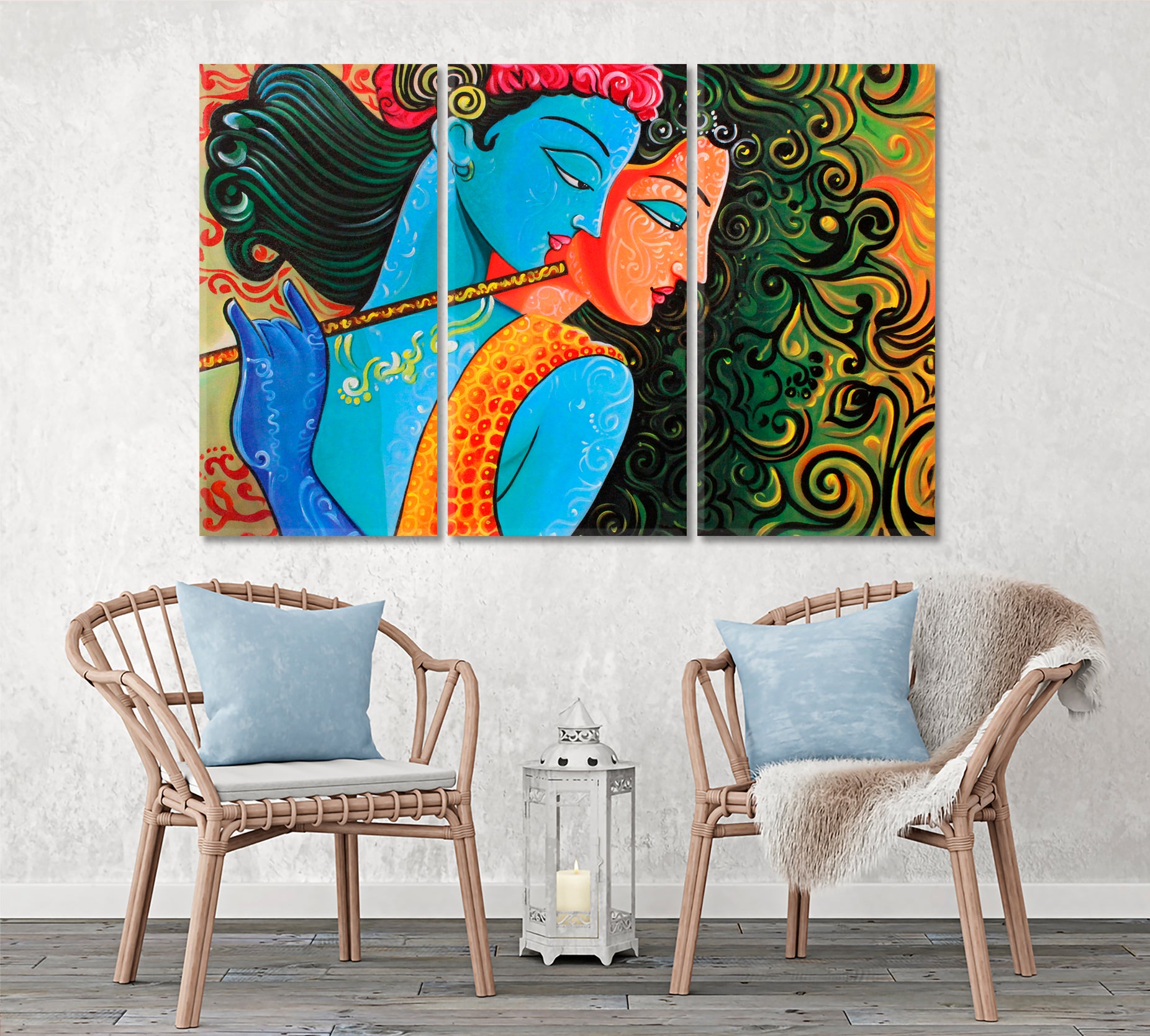 Lord Radha Krishna Hindu Pied Piper Religious Motif Religious Modern Art Artesty 3 panels 36" x 24" 