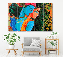 Lord Radha Krishna Hindu Pied Piper Religious Motif Religious Modern Art Artesty 5 panels 36" x 24" 