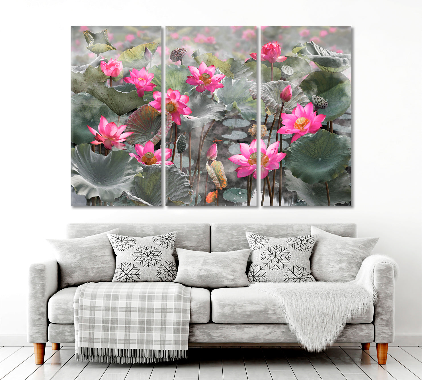 LOTUS POND Beautiful Pink Water Lily Blooming Lake Poster Floral & Botanical Split Art Artesty 3 panels 36" x 24" 