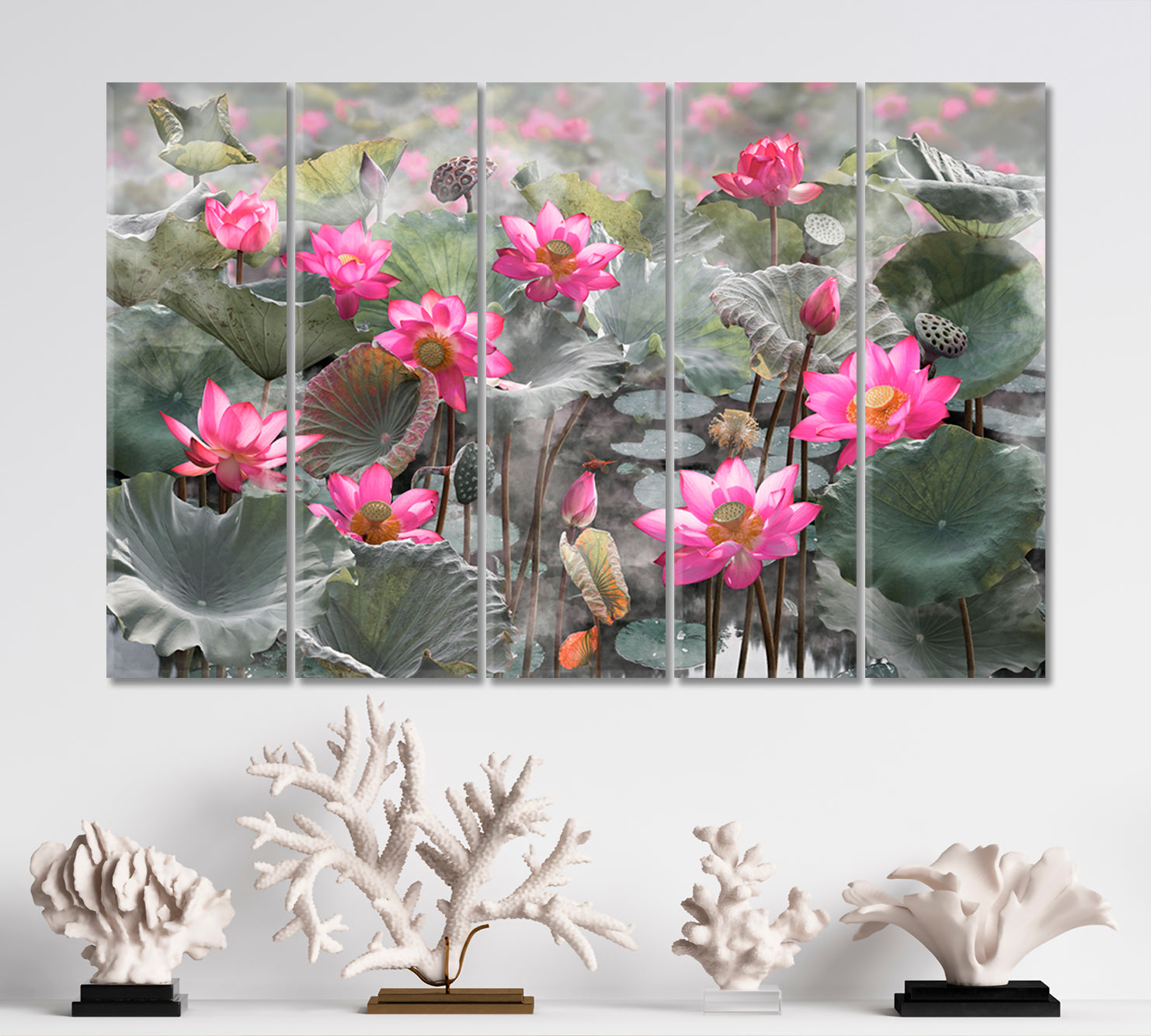 LOTUS POND Beautiful Pink Water Lily Blooming Lake Poster Floral & Botanical Split Art Artesty 5 panels 36" x 24" 