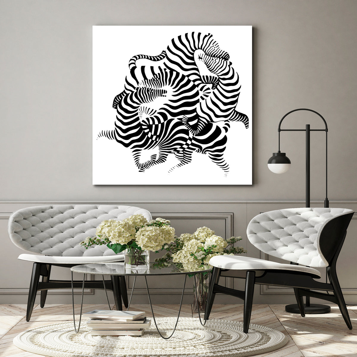 OPTICAL ILLUSION OP-ART Abstract Black White Zebra Entwined Together Fine Art Artesty 1 Panel 12"x12" 