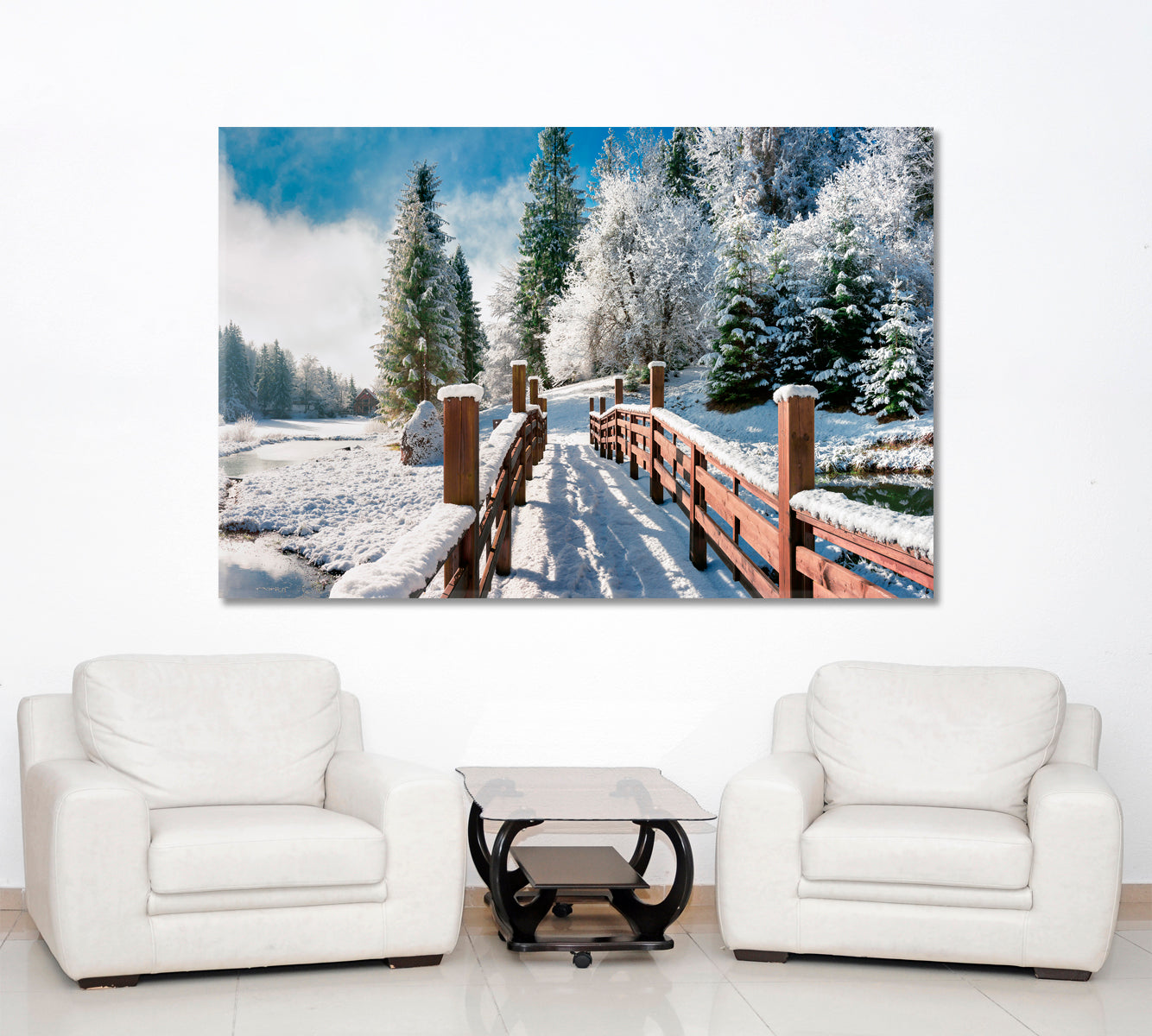 Snow Covered Christmas Trees Forest Bridge Panorama Scenery Landcape Artesty   