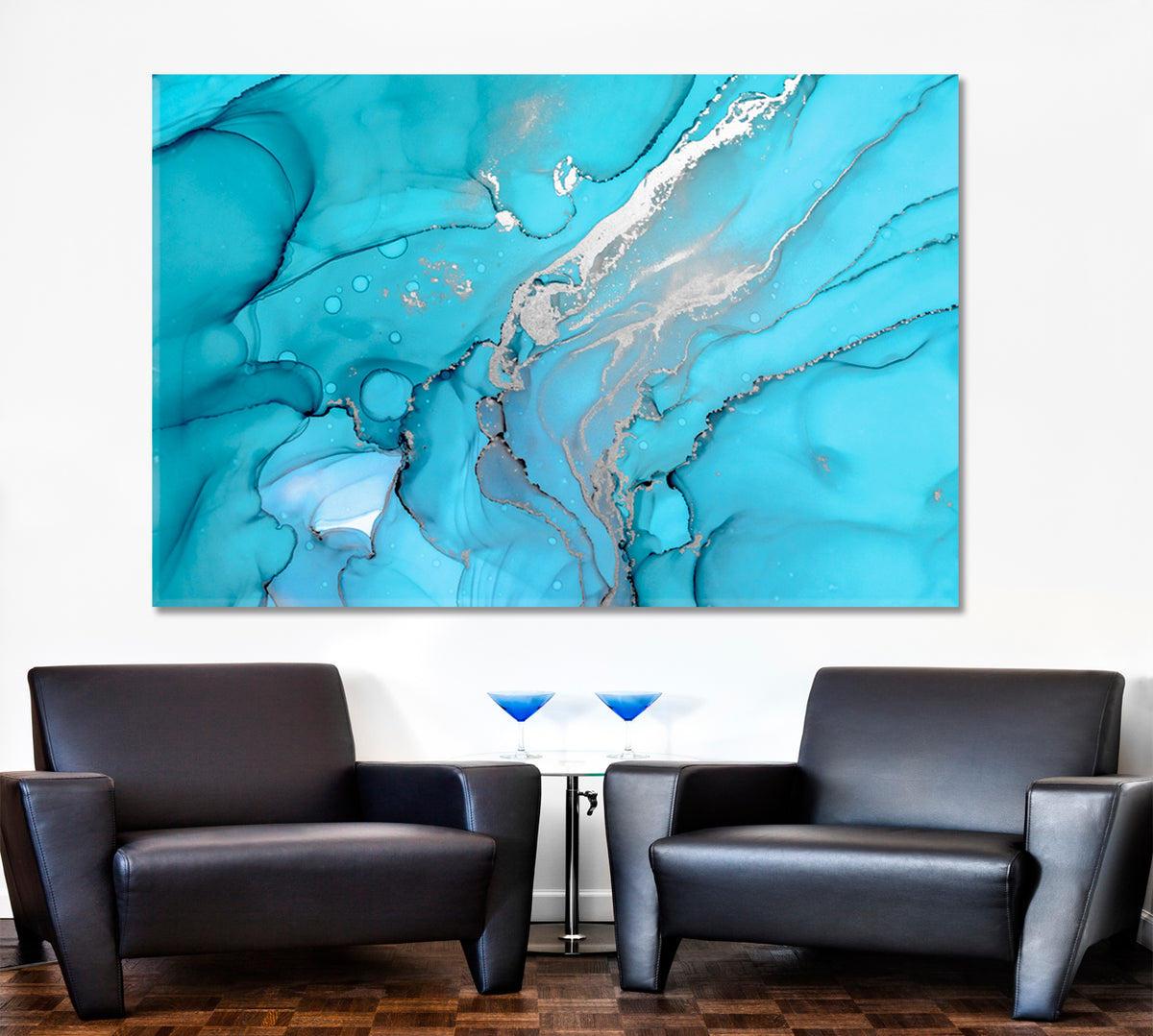 BLUE LAGOON Beautiful Marble Curly Ink Waves Silver Veins Painting Fluid Art, Oriental Marbling Canvas Print Artesty 1 panel 24" x 16" 