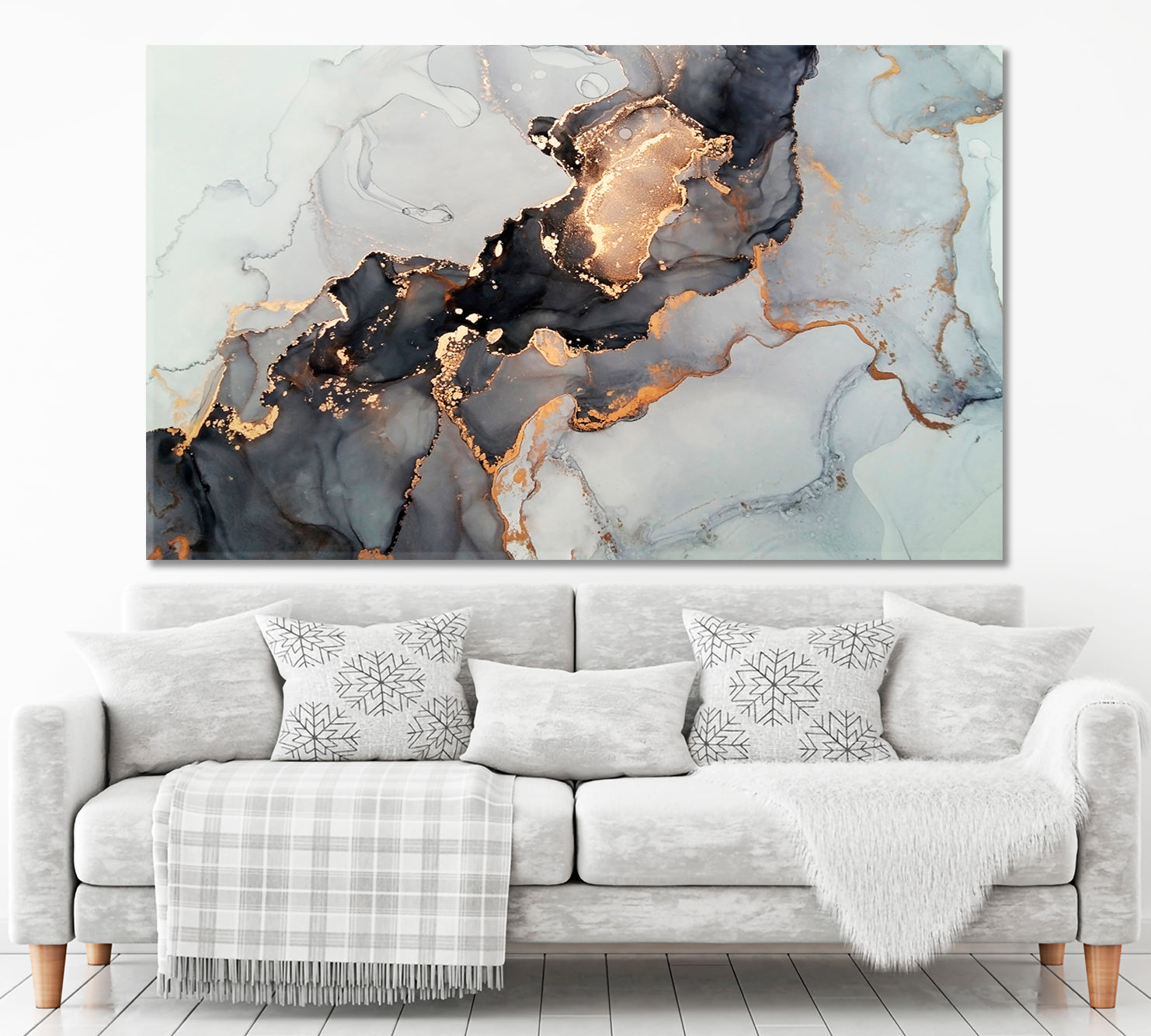 Luxury Abstract Fluid Art Alcohol Ink Technique Black Gold Effect Canvas Print Fluid Art, Oriental Marbling Canvas Print Artesty   