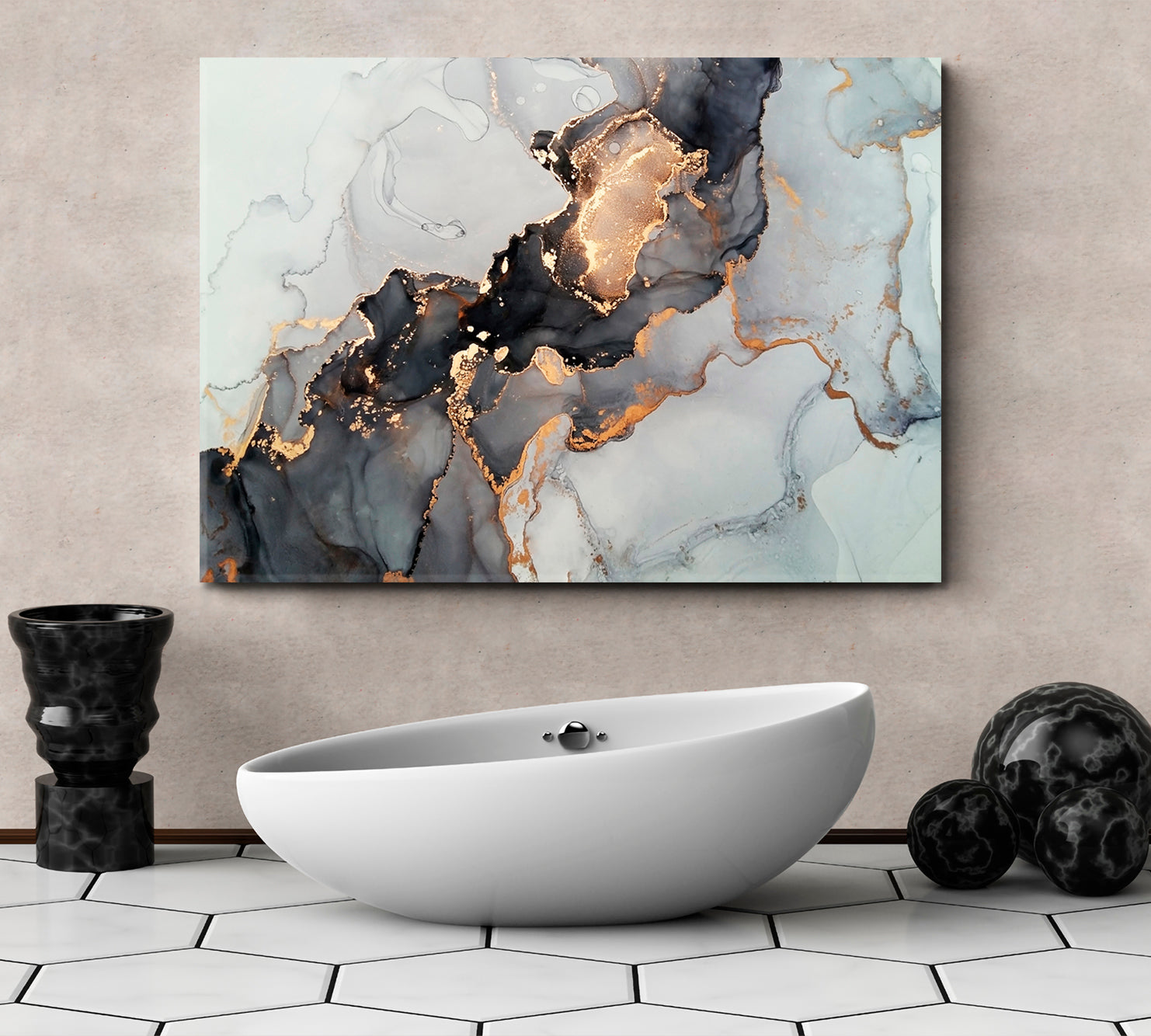 Luxury Abstract Fluid Art Alcohol Ink Technique Black Gold Effect Canvas Print Fluid Art, Oriental Marbling Canvas Print Artesty 1 panel 24" x 16" 