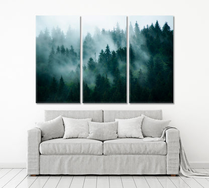 Misty Mountains Slopes Landscape Foggy Fir Forest Canvas Print Scenery Landscape Fine Art Print Artesty 3 panels 36" x 24" 