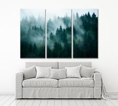 Misty Mountains Slopes Landscape Foggy Fir Forest Canvas Print Scenery Landscape Fine Art Print Artesty 3 panels 36" x 24" 