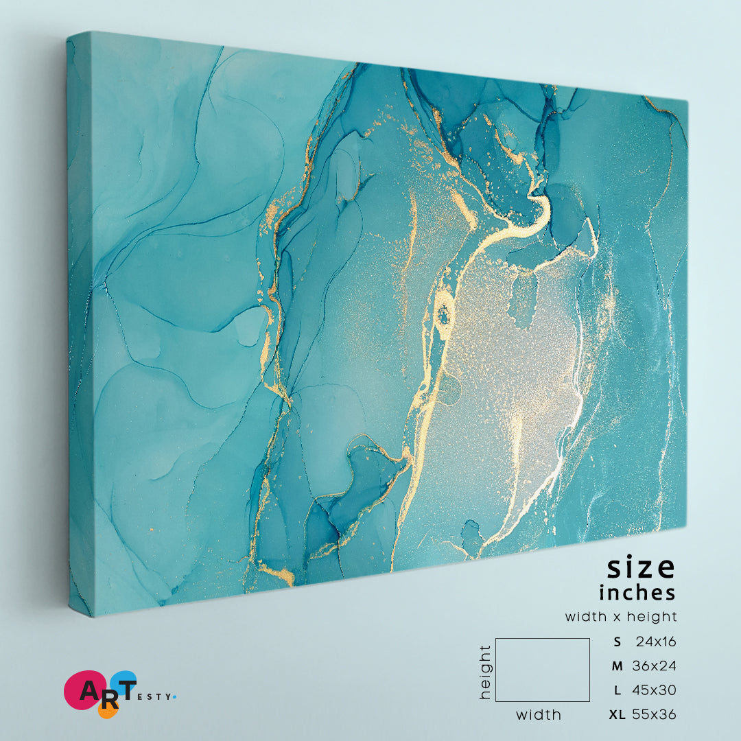 Bright Sky Blue Abstract Marble Veines Fluid Art, Oriental Marbling Canvas Print Artesty 1 panel 24" x 16" 