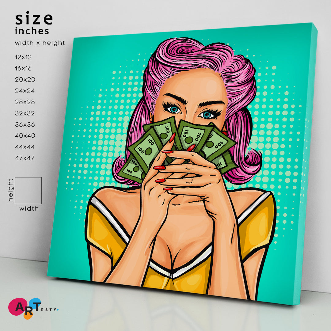 Pretty Woman with Money Comic Retro Poster Pop Art Canvas Print Artesty 1 Panel 12"x12" 