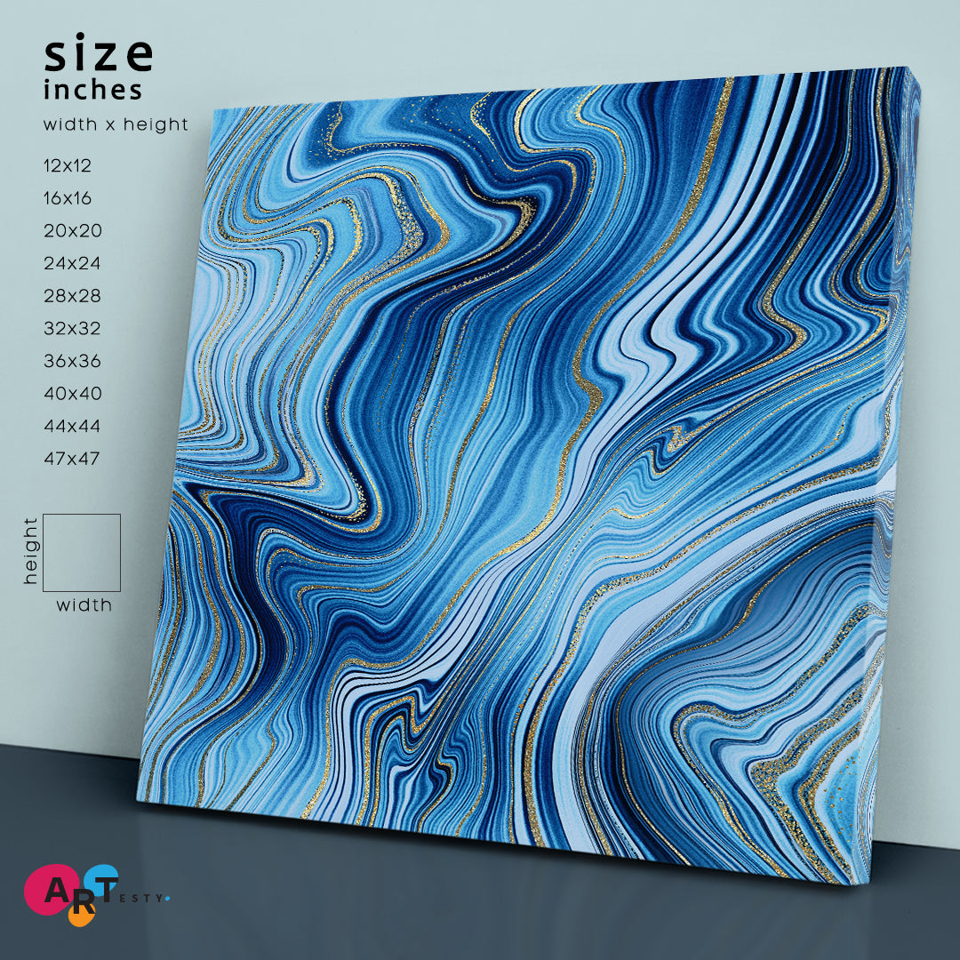 Creative Agate Artistic Marble Sky Blue & Gold Veins Canvas Print - Square Abstract Art Print Artesty   