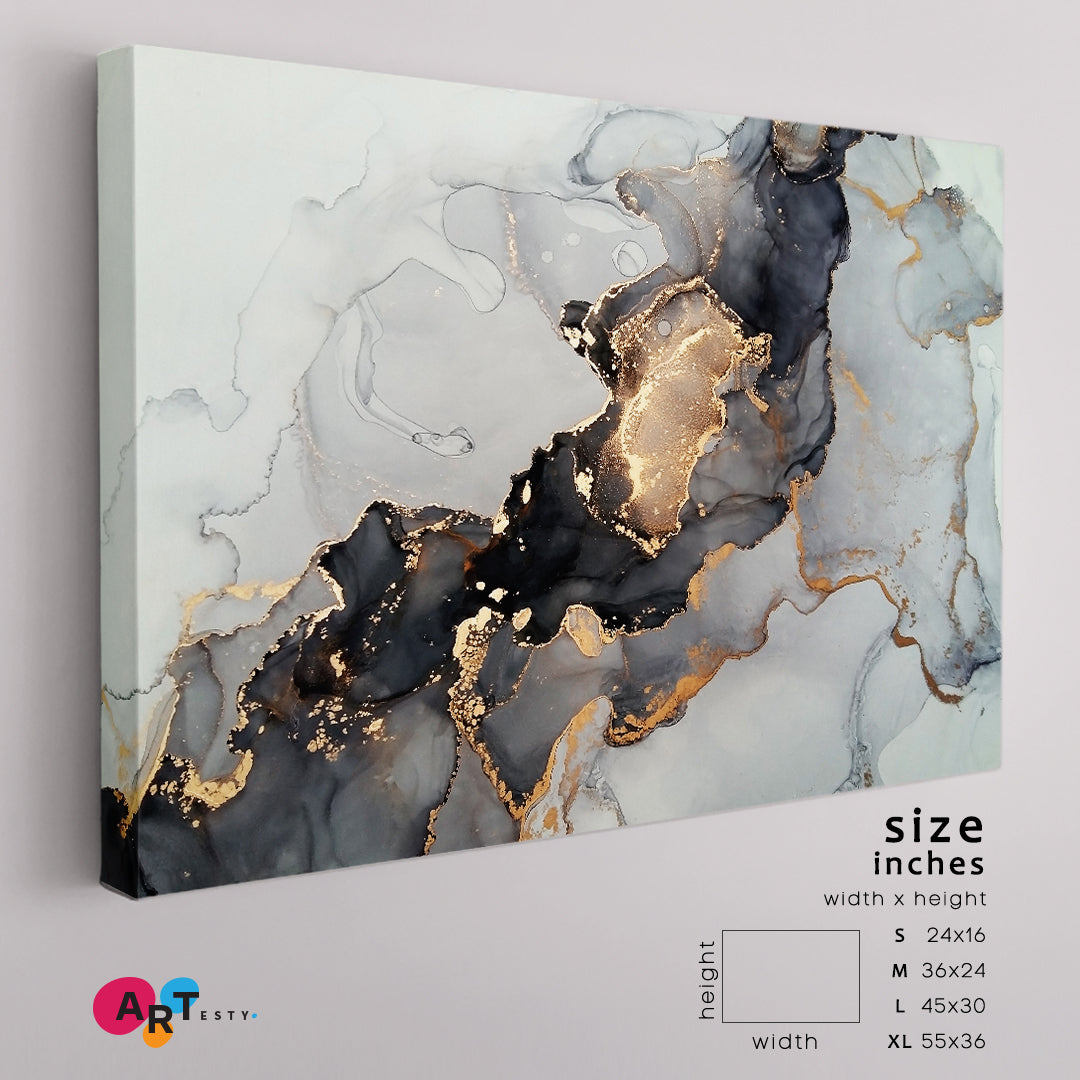 Luxury Abstract Fluid Art Alcohol Ink Technique Black Gold Effect Canvas Print Fluid Art, Oriental Marbling Canvas Print Artesty   