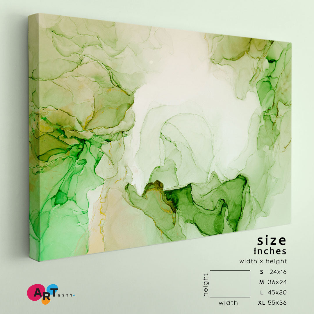 Ink Abstract Soft Green Color Bright Modern Contemporary Fluid Art, Oriental Marbling Canvas Print Artesty 1 panel 24" x 16" 