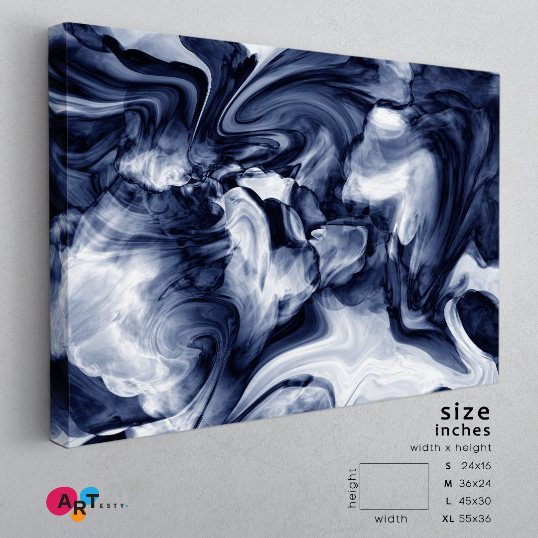 Dark Blue Marble Wavy Lines Abstract Creative Fluid Art, Oriental Marbling Canvas Print Artesty   