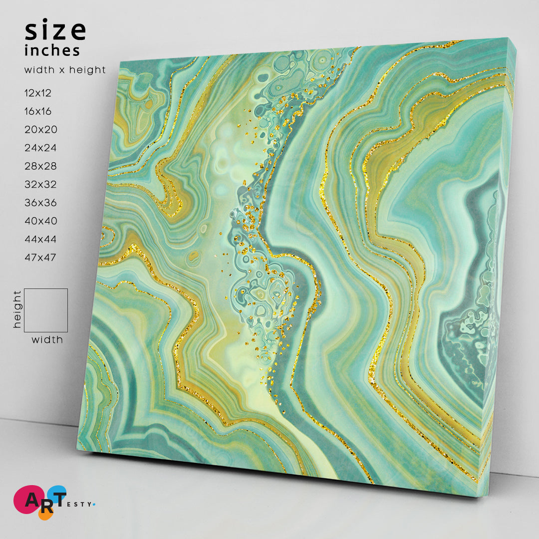 MINT GREEN ONYX Jade Agate Marble Slab Gold Glitter Veins Wavy Lines Fluid Art, Oriental Marbling Canvas Print Artesty 1 Panel 12"x12" 