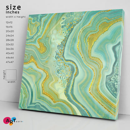 MINT GREEN ONYX Jade Agate Marble Slab Gold Glitter Veins Wavy Lines Fluid Art, Oriental Marbling Canvas Print Artesty 1 Panel 12"x12" 