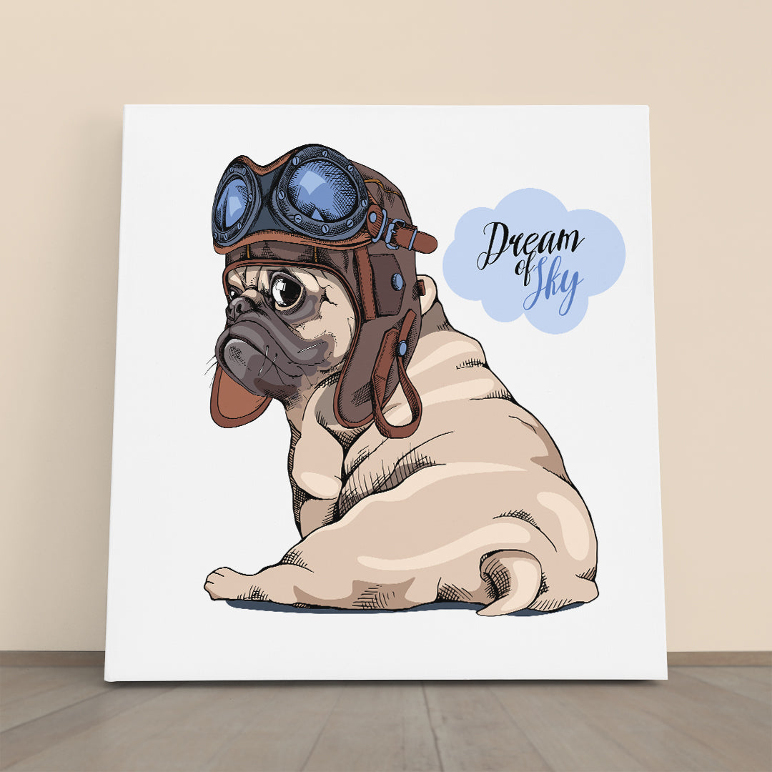SKY DREAMER Adorable Cute Beige Puppy Pug Pilot Kids - S Animals Canvas Print Artesty   