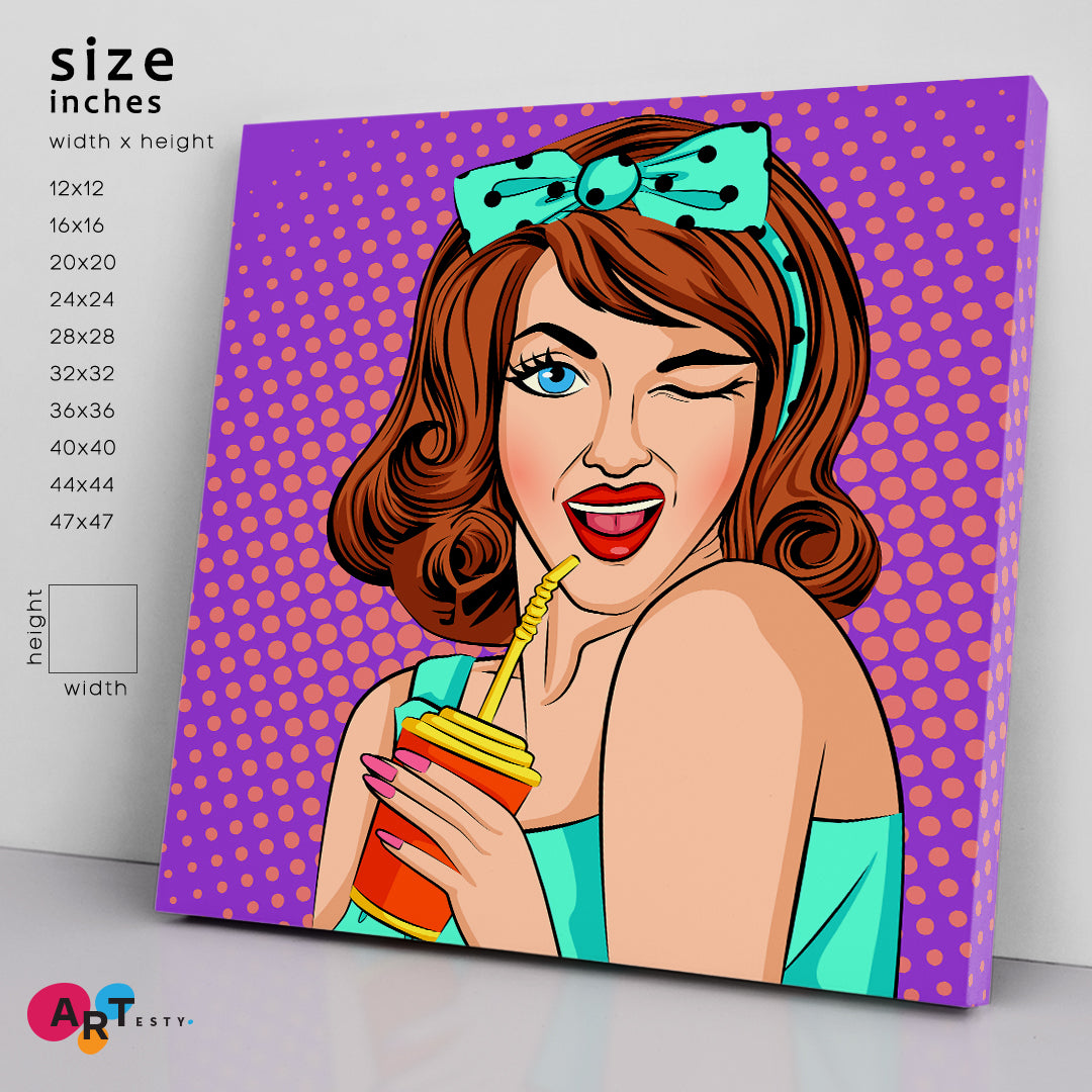 Pop Retro Style Lady with Cola Drink Pop Art Canvas Print Artesty   