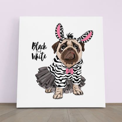 Cute Puppy Pug Ballerina Tutu Striped Black & White Top Baby Girl Room Canvas Print | Square Panel Kids Room Canvas Art Print Artesty 1 Panel 12"x12" 