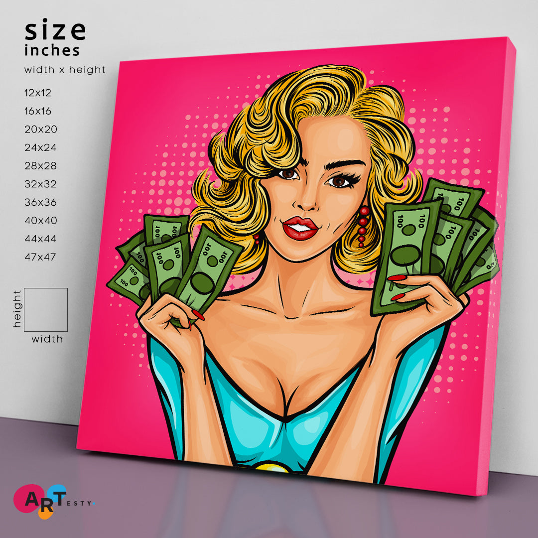 POP ART Girl with Money Pop Art Canvas Print Artesty 1 Panel 12"x12" 