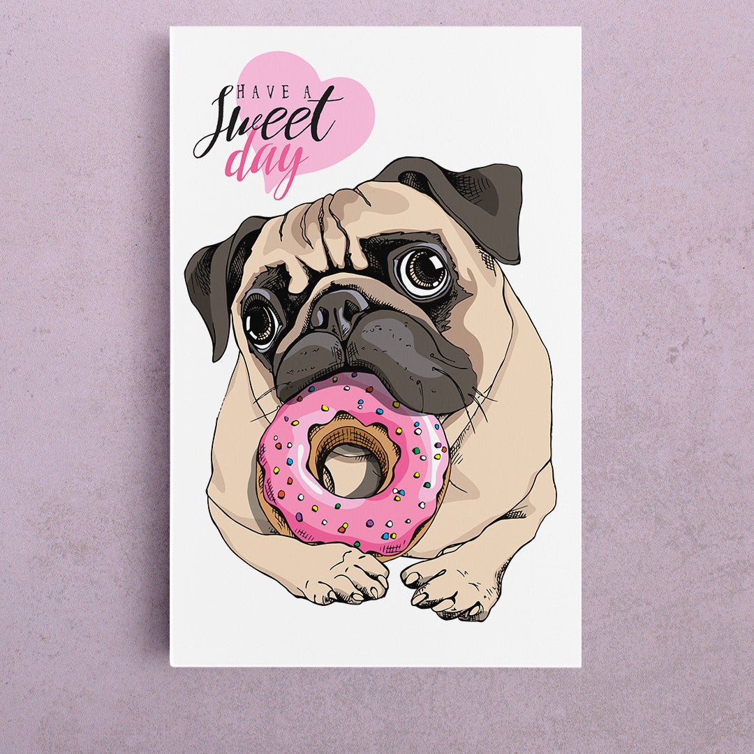KIDS ART Adorable Cute Beige Puppy Pug Pink Donut Canvas Print | Vertical Animals Canvas Print Artesty 1 Panel 16"x24" 