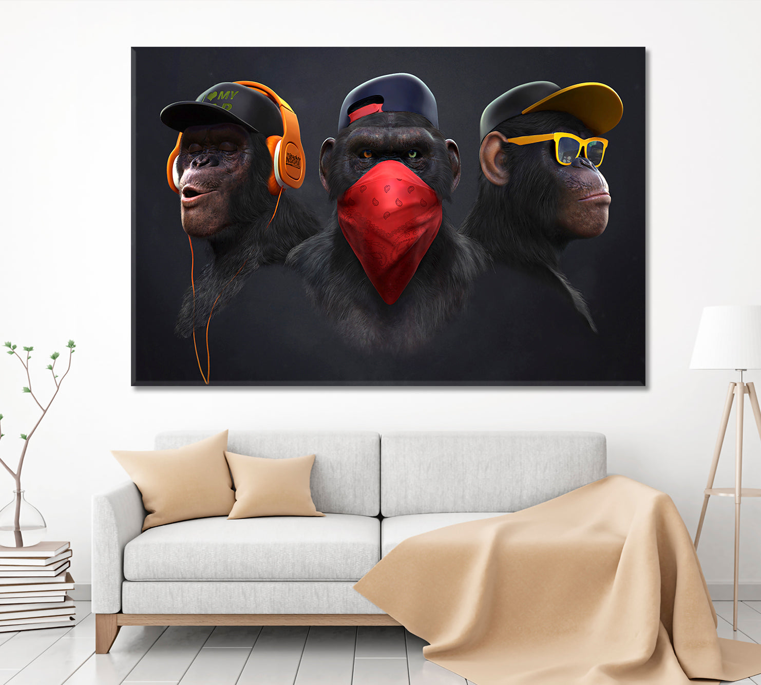 Three Wise Monkeys See No Evil Hear No Evil Speaks no Evil Animals Canvas Print Artesty 1 panel 24" x 16" 