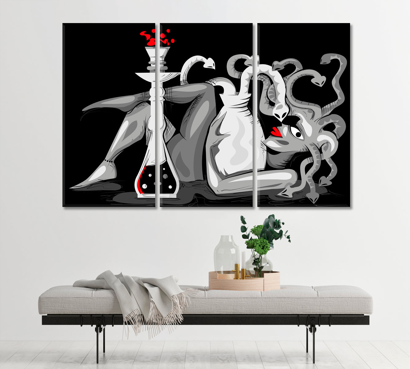 Abstract Woman Snake Head With Hookah Modern Artwork Abstract Art Print Artesty 3 panels 36" x 24" 