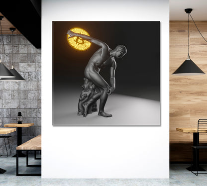 POWER OF BITCOIN Statue of Discobolus Myron Throws Bitcoin Poster Office Wall Art Canvas Print Artesty   