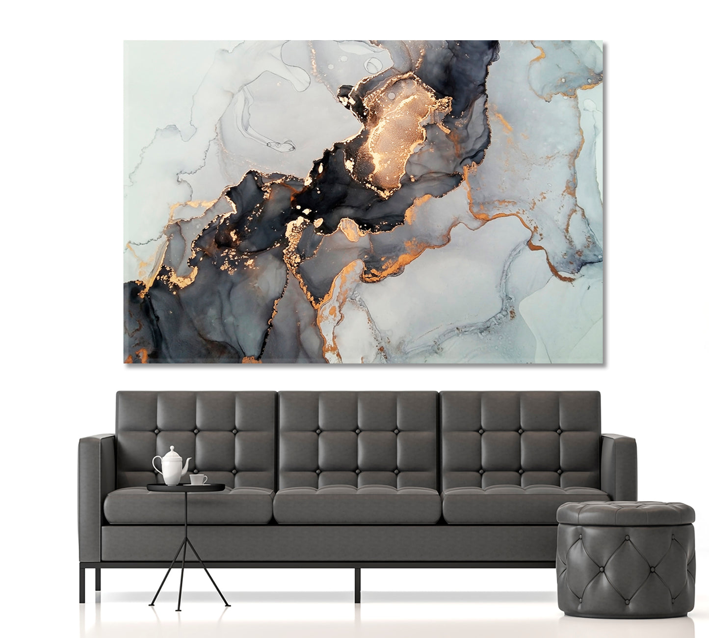 Luxury Abstract Fluid Art Alcohol Ink Technique Black Gold Effect Canvas Print Fluid Art, Oriental Marbling Canvas Print Artesty   