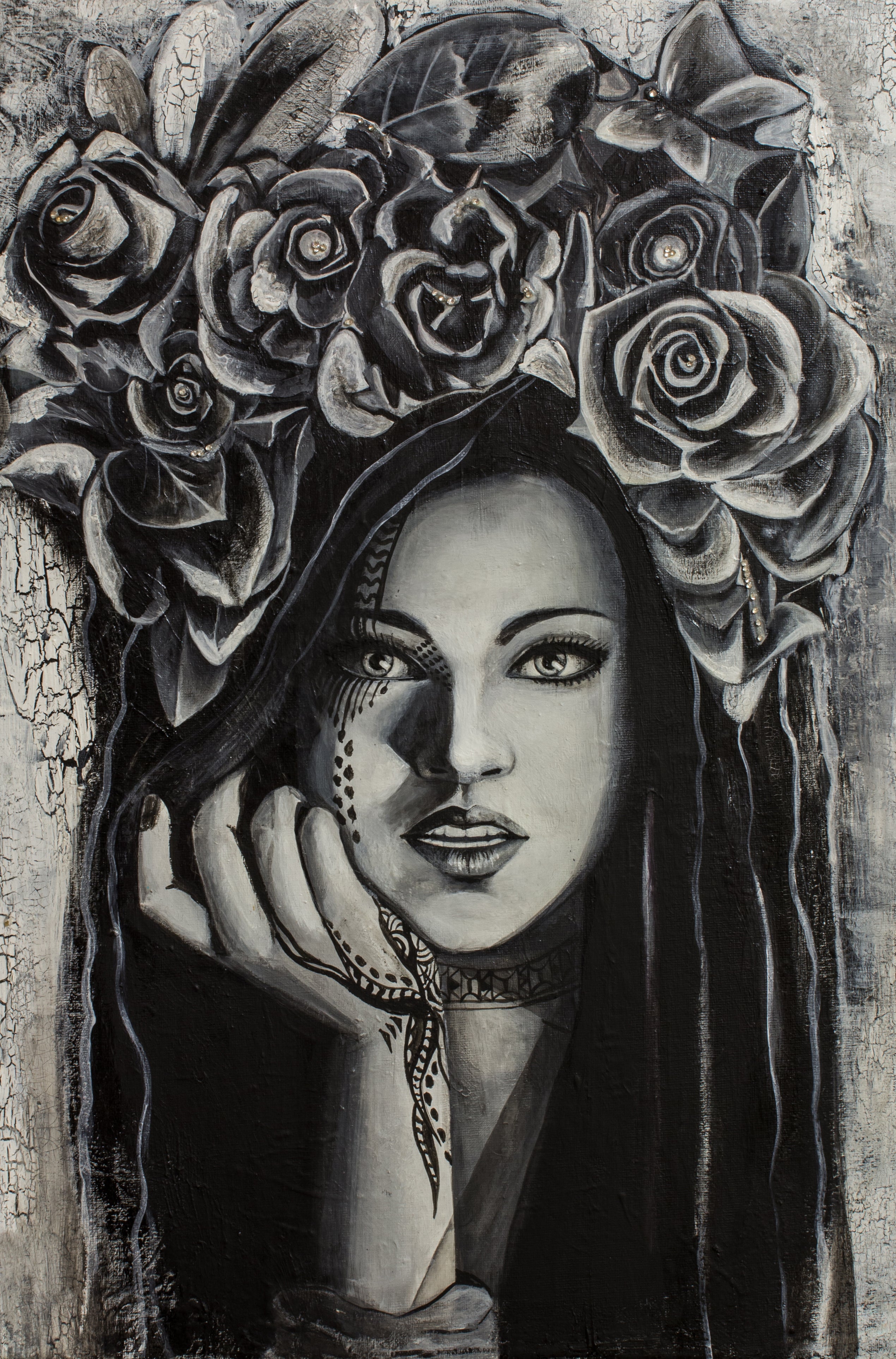 GIRL WITH CROW FLOWERS Beautiful Woman - Vertical 1 panel Black and White Wall Art Print Artesty   