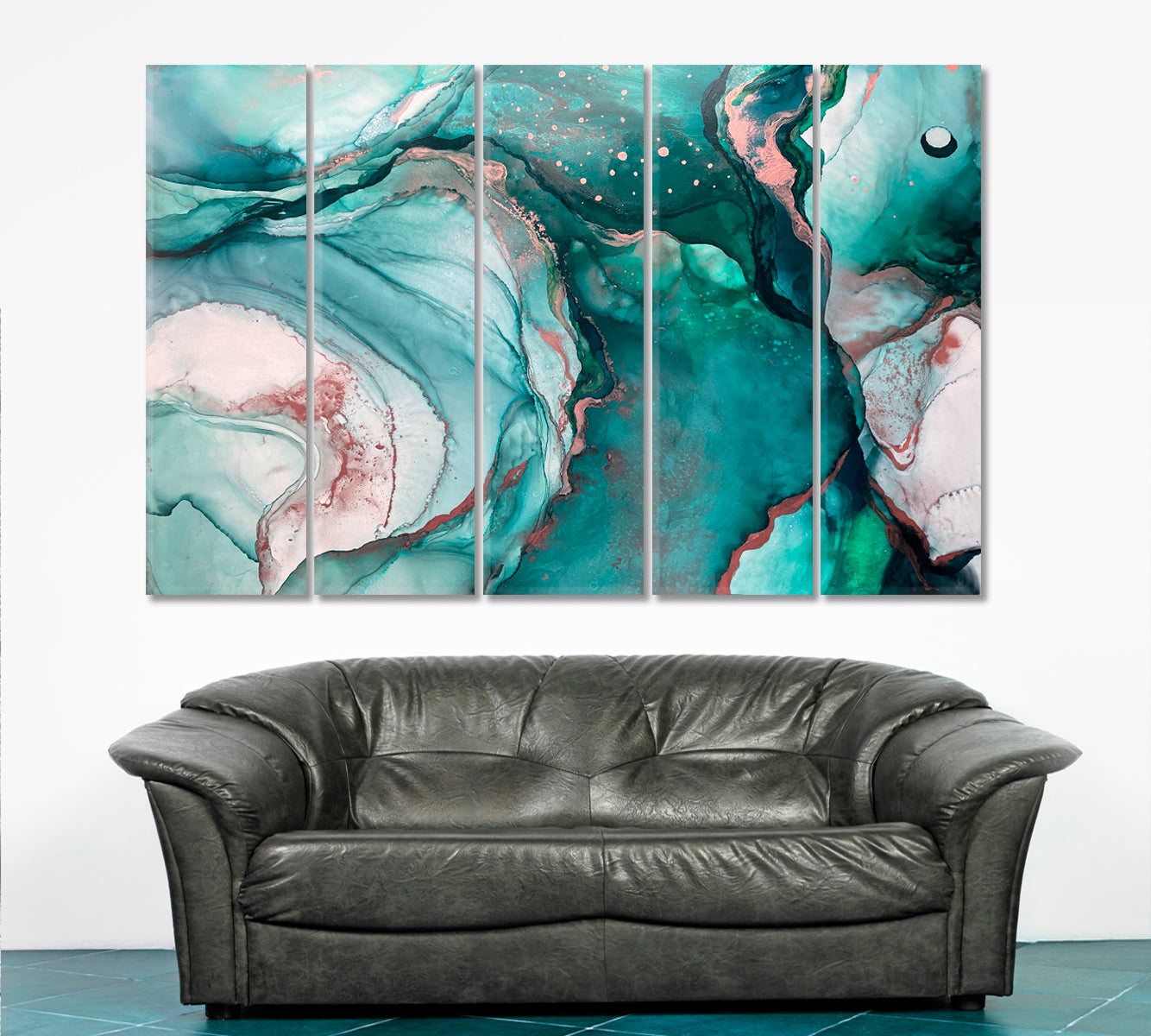 AZURE SEA WAVES Emerald Fluid Flowing Ink Marble Veins Oriental Art Fluid Art, Oriental Marbling Canvas Print Artesty   