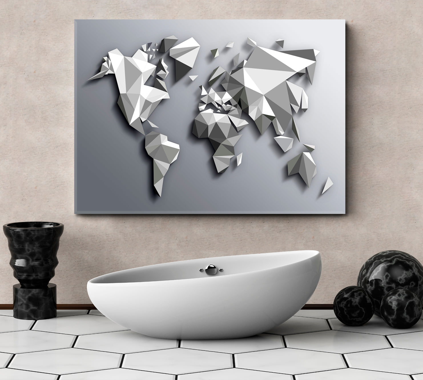 Extra Large Abstract Gray White Low Poly World Map Poster Maps Canvas Artwork Artesty 1 panel 24" x 16" 