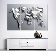 Extra Large Abstract Gray White Low Poly World Map Poster Maps Canvas Artwork Artesty 3 panels 36" x 24" 
