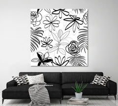 White And Black Abstract Flowers Black and White Wall Art Print Artesty 1 Panel 12"x12" 