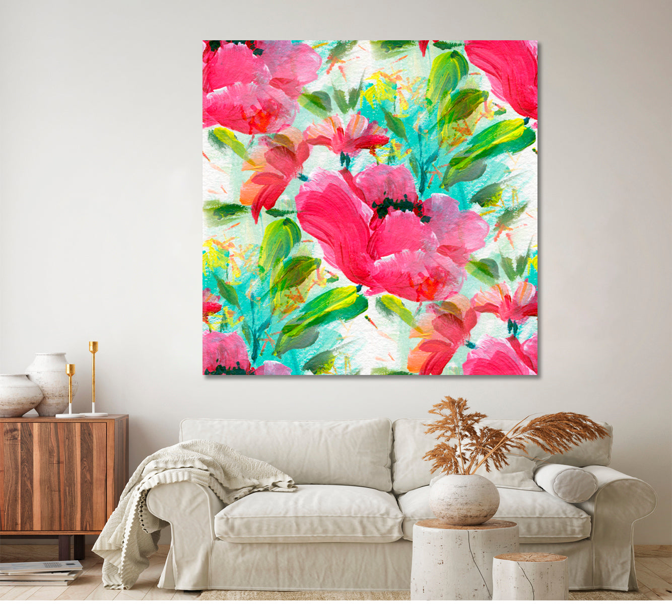 SPRING SOUL Vivid Floral Pattern Red Flowers - Square Panel Floral & Botanical Split Art Artesty   