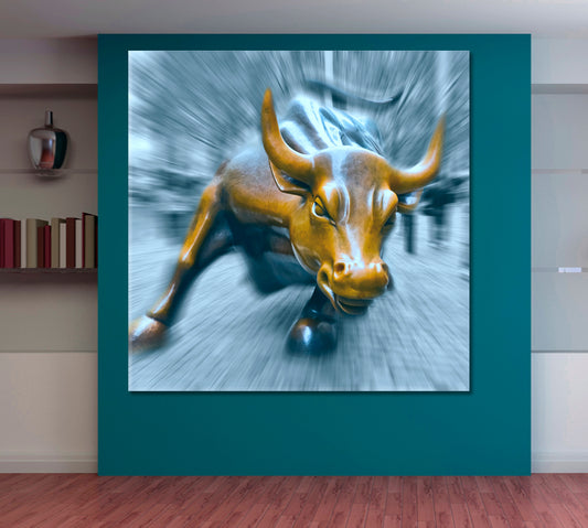 Charging Bull Blue- Square Panel Business Concept Wall Art Artesty   